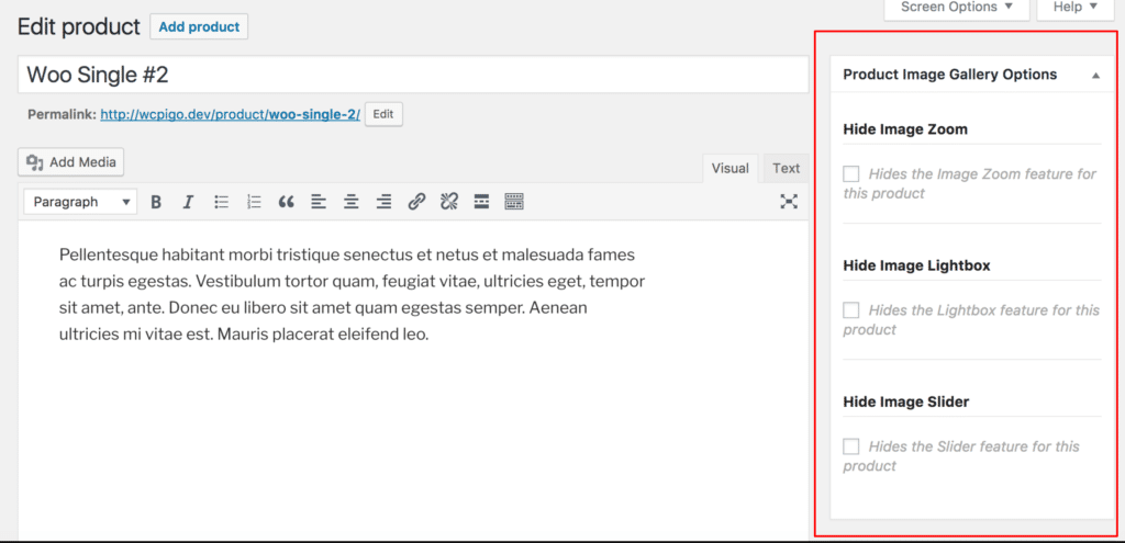The new WooCommerce Product Image Gallery Options Plugin in action.