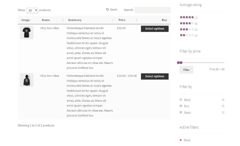example of woocommerce product table