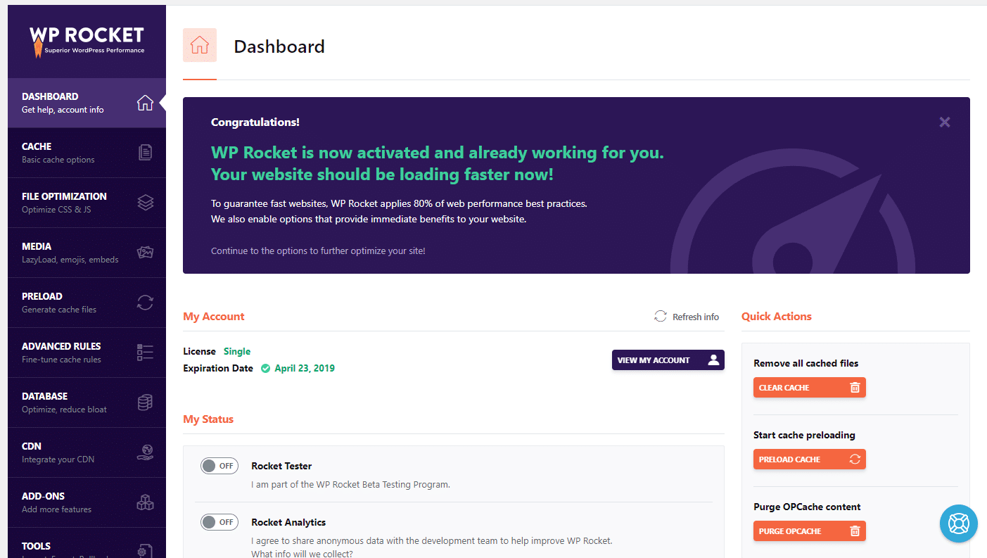 wp rocket 3.0 dashboard