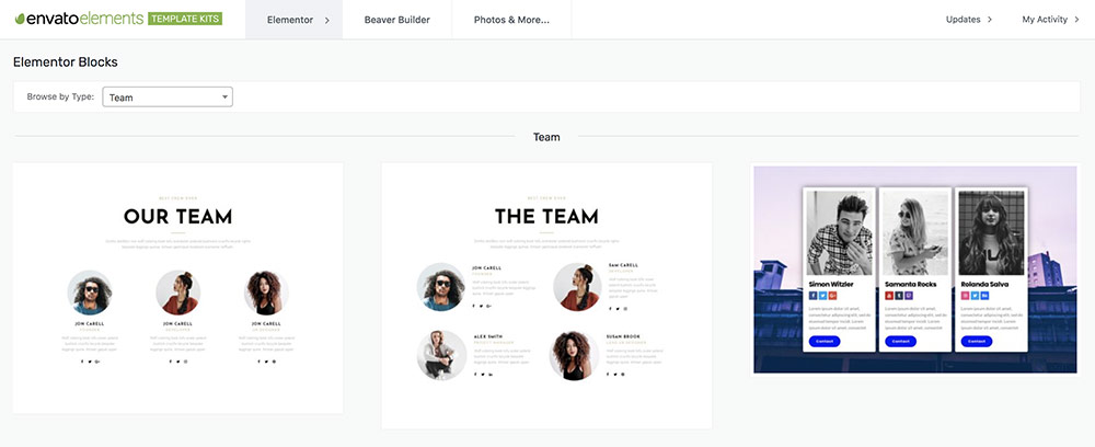 It's easy to add a team section to a page within the Blocks section