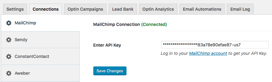 MailChimp connection options