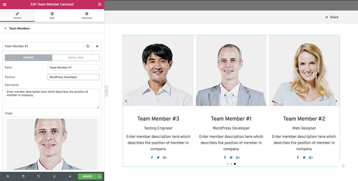 Adding a team members carousel is easy with the Powerpack plugin