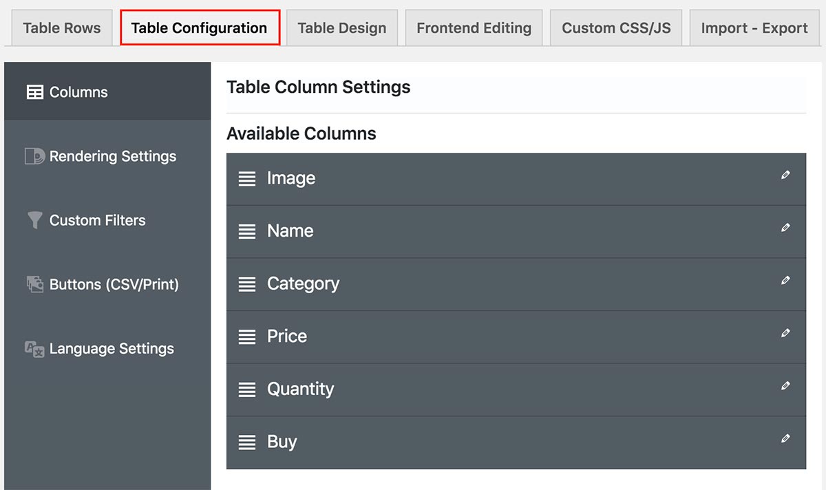 WooCommerce Product Tables plugin - Table Column Settings