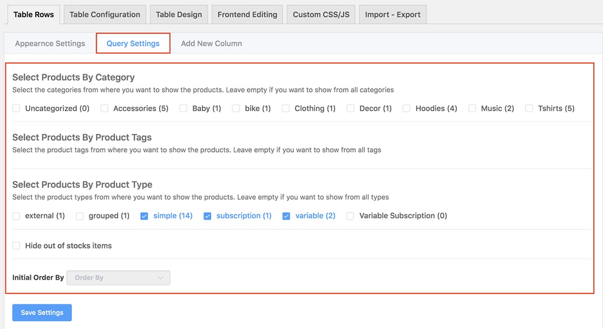 WooCommerce Product Tables plugin - Query Settings